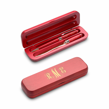 Script Monogram Laser Engraved Flip Over Wooden Pen Stand & Pen