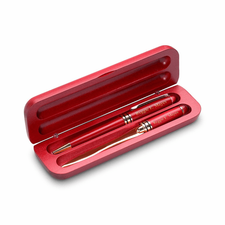 Script Monogram Laser Engraved Flip Over Wooden Pen Stand & Pen