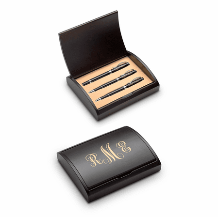 Script Monogram Laser Engraved Three Piece Black & Silver Pen & Pencil Gift Set