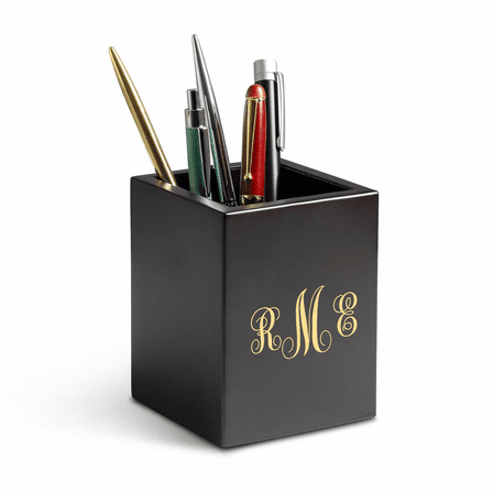 Script Monogram Theme Personalized Cherry Finish Wood Pen and Pencil Cup