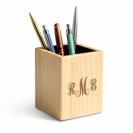 Script Monogram Theme Personalized Maple Wood Pen and Pencil Cup