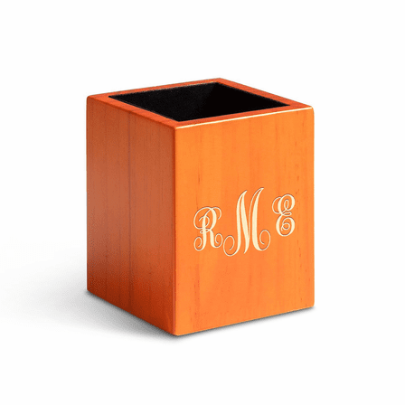 Script Monogram Theme Personalized Saddle Finish Wood Pen and Pencil Cup