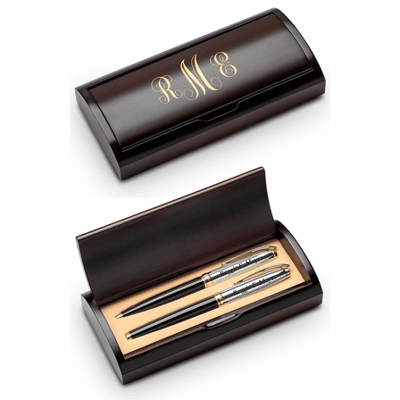 Script Monogram Theme Personalized Two Piece Pen Set with Wood Box
