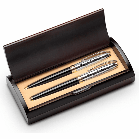 Script Monogram Theme Personalized Two Piece Pen Set with Wood Box