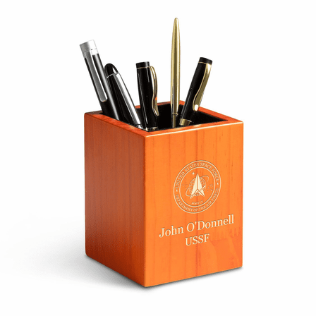 Space Force Theme Personalized Saddle Finish Wood Pen and Pencil Cup