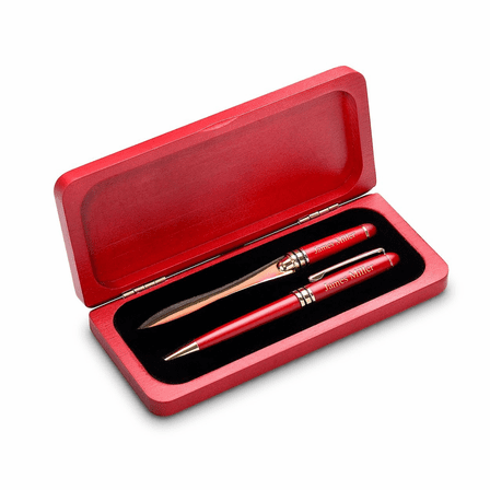 Split Monogram Engraved Black & Gold Ballpoint Pen with Cherry Wood Box