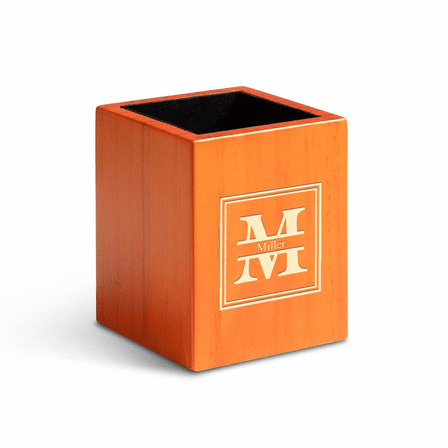 Split Monogram Theme Personalized Saddle Finish Wood Pen and Pencil Cup