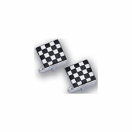 Sterling Silver Eurolinks Enamel Black & White Checkerboard Cuff Links