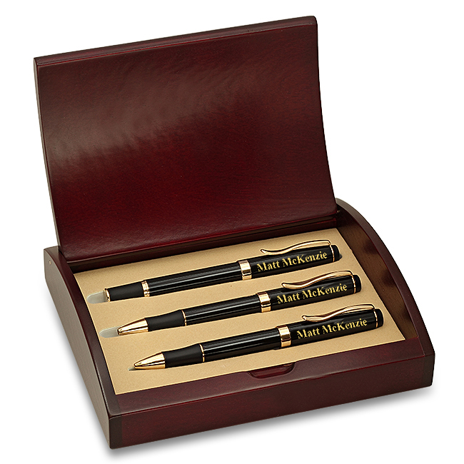 Laser Engraved Three Piece Pen & Pencil Gift Set with Cherry Wood Box