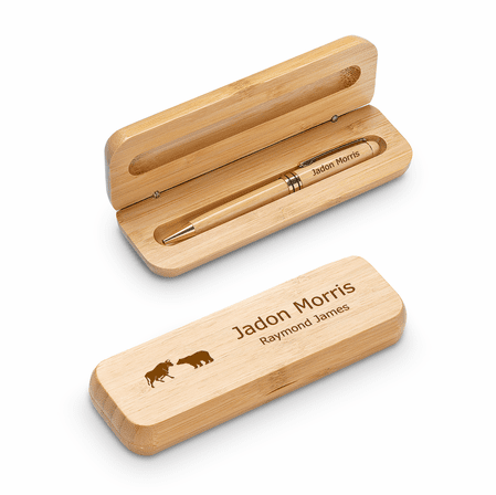 Wall Street Bull & Bear Laser Engraved Bamboo Pen and Box Set