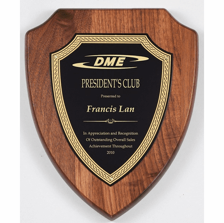 Walnut Shield Plaque With Black & Brass Engraving Plate - Discontinued
