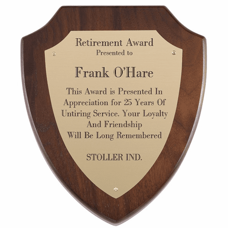 Walnut Shield Plaque With  Brass Engraving Plate - P40 - Discontinued