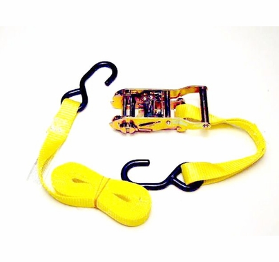 1 in x 15ft Ratchet Strap, Yellow Webbing, Rubber Coated S-Hook