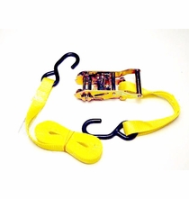 1in x 10ft Ratchet Strap, Yellow Webbing, Rubber Coated S-Hook