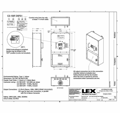 Lex 100 Amp 5 Wire Company Switch IEC60309 Pin & Sleeve Connection NEMA 1