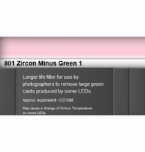 Zircon 801 Minus Green 1 LED Lighting Gel Sheet