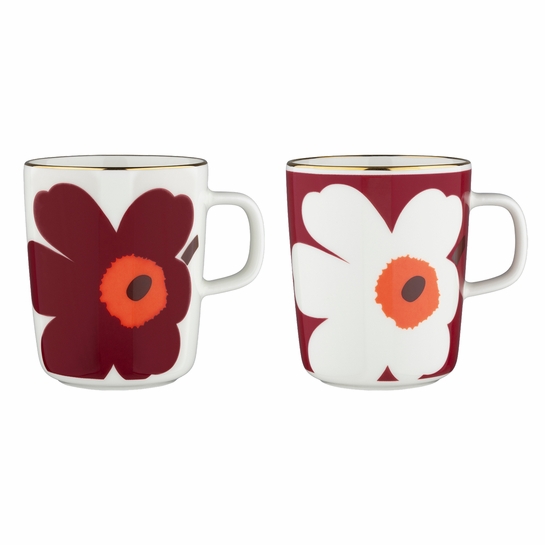 Marimekko Juhla Unikko Dark Red / White / Gold Mug Set