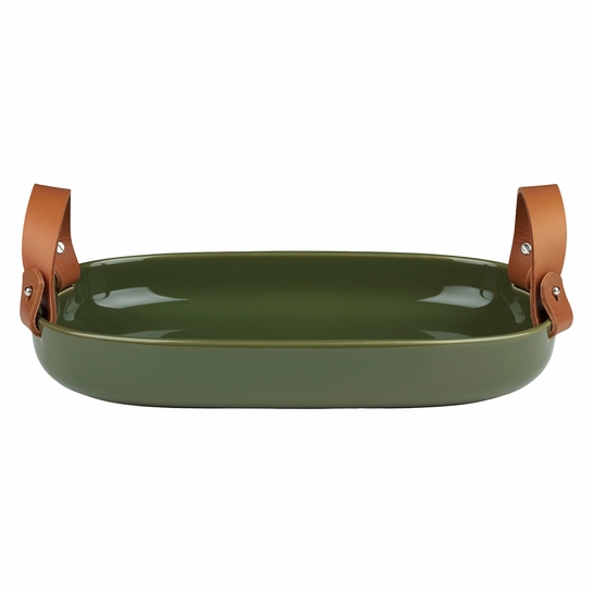 Marimekko Oiva Iso Koppa Harvest Green Serving Dish w/ Leather Handles