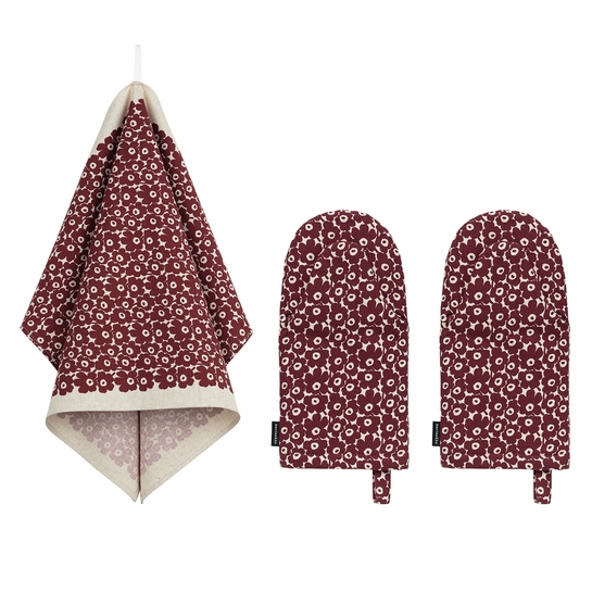 Marimekko Pikkuinen Unikko Burgundy / Cream Oven Mitt & Tea Towel Set