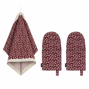 Marimekko Pikkuinen Unikko Burgundy / Cream Oven Mitt & Tea Towel Set