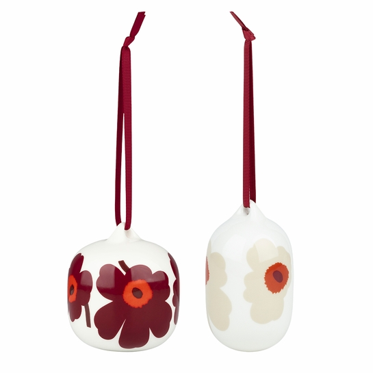 Marimekko Unikko Dark Red / Beige / White Ornaments - Set of 2
