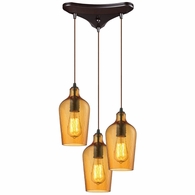10331/3HAMB ELK Lighting Hammered Glass 3-Light Triangular Pendant Fixture in Oiled Bronze with Hammered Amber Glass