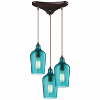 10331/3HAQ ELK Lighting Hammered Glass 3-Light Triangular Pendant Fixture In Oiled Bronze With Hammered Aqua Glass