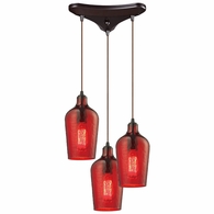 10331/3HRD ELK Lighting Hammered Glass 3-Light Triangular Pendant Fixture In Oiled Bronze With Hammered Red Glass