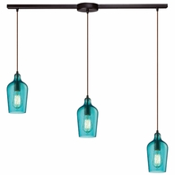10331/3L-HAQ ELK Lighting Hammered Glass 3-Light Linear Pendant Fixture In Oiled Bronze With Hammered Aqua Glass