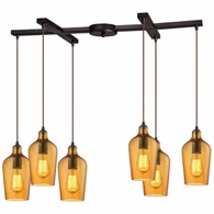 10331/6HAMB ELK Lighting Hammered Glass 6-Light H-Bar Pendant Fixture in Oiled Bronze with Hammered Amber Glass