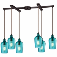 10331/6HAQ ELK Lighting Hammered Glass 6-Light H-Bar Pendant Fixture In Oiled Bronze With Hammered Aqua Glass