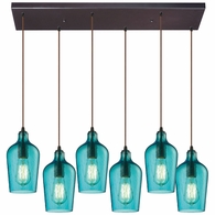 10331/6RC-HAQ ELK Lighting Hammered Glass 6-Light Rectangular Pendant Fixture In Oiled Bronze With Hammered Aqua Glass