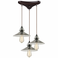 10332/3 ELK Lighting Hammered Glass 3-Light Triangular Pendant Fixture In Oiled Bronze With Hammered Clear Glass