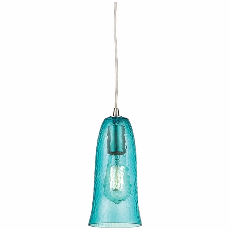 10431/1HAQ ELK Lighting Hammered Glass 1-Light Mini Pendant in Satin Nickel with Hammered Aqua Glass