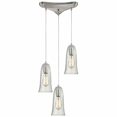 10431/3CLR ELK Lighting Hammered Glass 3-Light Triangular Pendant Fixture In Satin Nickel With Hammered Clear Glass