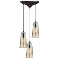 10431/3HAMP ELK Lighting Hammered Glass 3-Light Triangular Pendant Fixture in Oiled Bronze with Amber-plated Hammered Glass