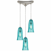 10431/3HAQ ELK Lighting Hammered Glass 3-Light Triangular Pendant Fixture in Satin Nickel with Hammered Aqua Glass