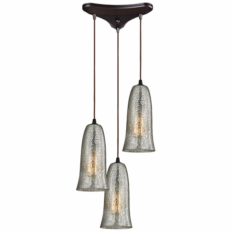 10431/3HME ELK Lighting Hammered Glass 3-Light Triangular Pendant Fixture in Oiled Bronze with Hammered Mercury Glass