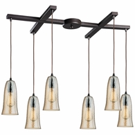 10431/6HAMP ELK Lighting Hammered Glass 6-Light H-Bar Pendant Fixture in Oiled Bronze with Amber-plated Hammered Glass