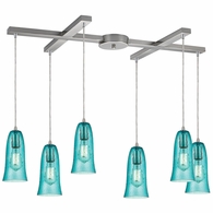 10431/6HAQ ELK Lighting Hammered Glass 6-Light H-Bar Pendant Fixture in Satin Nickel with Hammered Aqua Glass