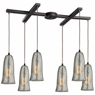 10431/6HME ELK Lighting Hammered Glass 6-Light H-Bar Pendant Fixture in Oiled Bronze with Hammered Mercury Glass