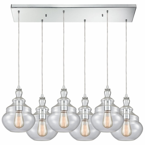 10562/6RC ELK Lighting Tabor 6-Light Rectangular Pendant Fixture In Polished Chrome With Clear Glass