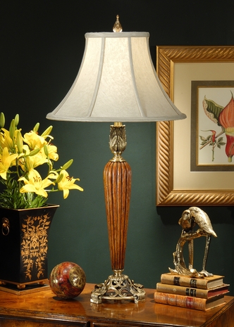 1073 Wildwood Lamps Fluted Vase Lamp with Antique Patina on Solid Brass with Hand Carved Wood Vase