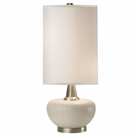 1109-C10-2075 Thumprints Blanco Grooved Polyresin Table Lamp in Satin White with Brushed Nickel Accents with White Silk Hardback with Nickel Trim Shade