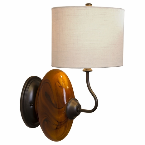 1111-ASL-2078 Thumprints Burl- Sconce  Blown Glass Wall Sconce in Dark Amber and Oil Rubbed Bronze with Off White Linen Hardback Shade