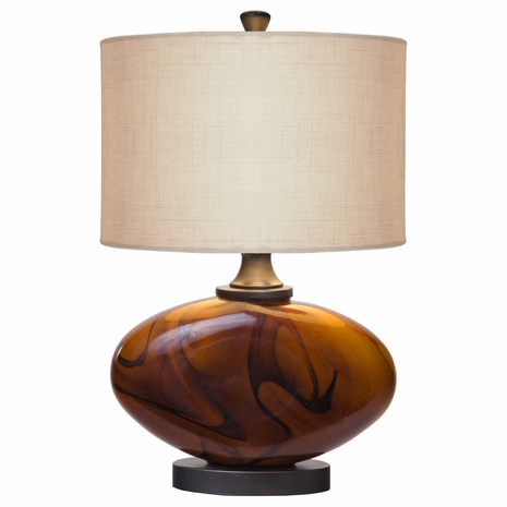 1112-C11-2079 Thumprints Burl - Table Table Lamp in Dark Amber and Oil Rubbed Bronze with Off White Linen Hardback Shade