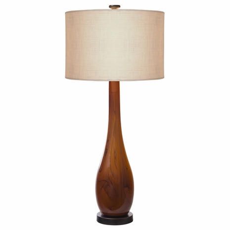1114-C11-2081 Thumprints Burlwood  Blown Glass Table Lamp in Dark Amber and Oil Rubbed Bronze with Off White Linen Hardback Shade