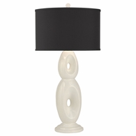 1137-ASL-2102 Thumprints Loop- White- Black Shade  Ceramic Table Lamp in White Glaze with Black Silk Hardback Shade