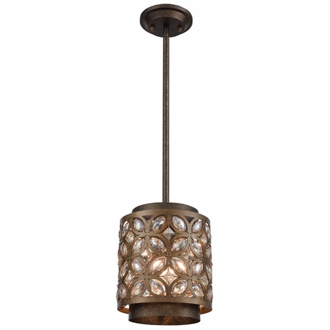 12152/1 ELK Lighting Rosslyn 1-Light Mini Pendant In Mocha And Deep Bronze With Crystal And Metalwork Shade