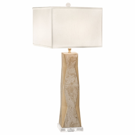 1218-ASL-2189 Thumprints Geo - Marbled  Gold - Off White Square Shade   Ceramic and Acrylic Table Lamp in Gold Lacquer with White Overglaze with Off White Silk Hardback Shade